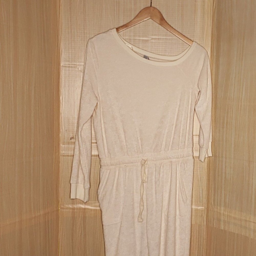 Fate Womens Cream Terrycloth Off Shoulder Cozy Jumpsuit Large